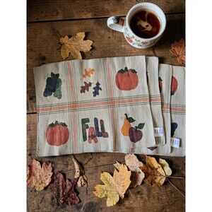 Set of 4 Fall Harvest Cotton Placemats Pumpkins Leaves Fruit 13x19